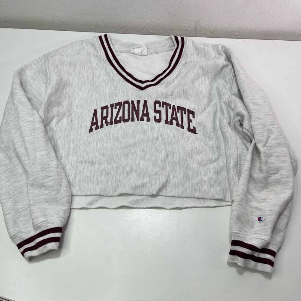 Champion Reverse Weave Cropped V Neck Gray Stripe L Crewneck Arizona State